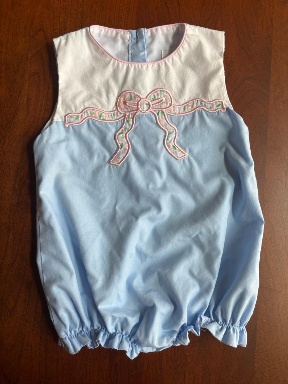Girls Light Blue Bubble Romper with Pink Bow Applique
